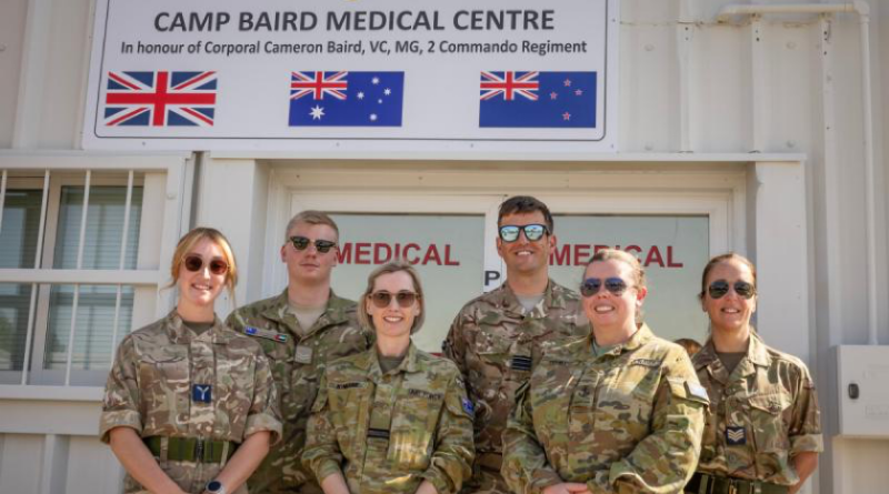 Medical personnel from the ADF, British Armed Forces and New Zealand Defence Force outside the refurbished medical facility at Camp Baird, United Arab Emirates. Story by Captain Karam Louli. Photos by Leading Seaman Kylie Jagiello.