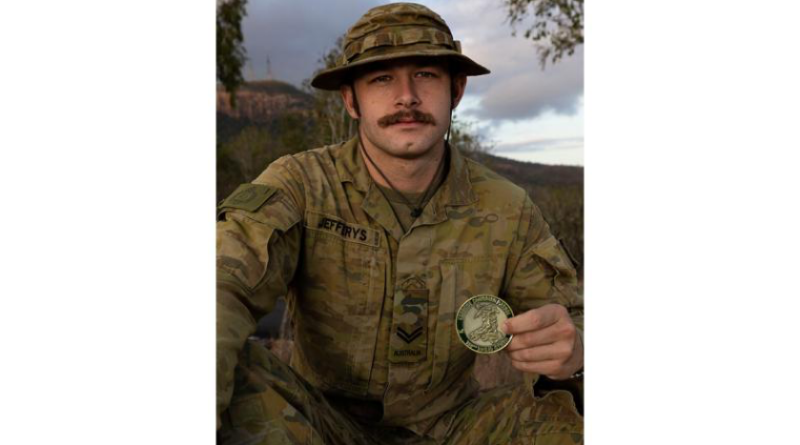 Corporal Tiger Jefferys with his gold medal awarded from Exercise Cambrian Patrol, at Lavarack Barracks, Townsville, In October. Story by Corporal Jacob Joseph. Photo by Lance Corporal Caitlyn Davill.
