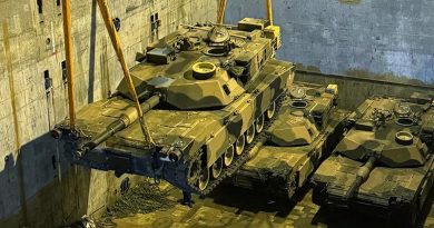 Australian M1A1 Abrams tanks bound for Ukraine are unloaded in Europe after arriving from Australia on a cargo ship. Photo by Lance Corporal JA Thompson.