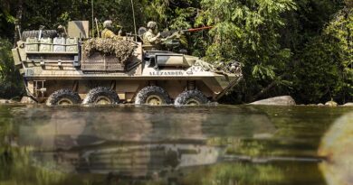 An Australian Army light armoured vehicle from 2nd Cavalry Regiment conducts a river crossing during Exercise Regional Warfighter at Tully Training Area, Queensland. Original hoto by Corporal Jack Pearce, digitally altered by CONTACT.