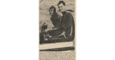 Former Navy clearance Diver Wally Reynolds, right, with Phillip Meade after he descended 327 feet to set an Australian aqualung diving record 12 miles off the coast of Newport, NSW. Story by Corporal Darryl Gallagher.