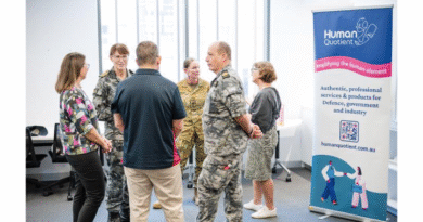 Captain Bernadette Alexander and Command Warrant Officer Dennis Bentley speak with community stakeholders and Human Quotient Group, Defence at a celebration marking the completion of the Darwin Cowork Coplay program.