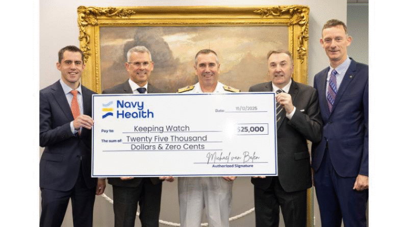 Deputy Chief of Navy Rear Admiral Matt Buckley accepts a $25,000 donation from Navy Health in support of Navy’s charity, Keeping Watch.