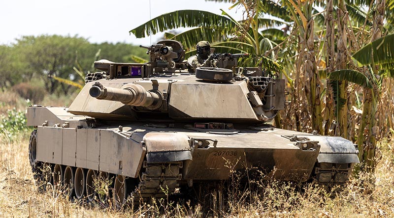 An Australian Army M1A1 Abrams main battle tank in Indonesia during Exercise Super Garuda Shield 2023. Photo by Corporal Dustin Anderson.