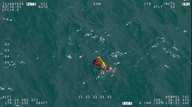Three Kiwi fishermen spotted in waters north of Gisborne, by an RNZAF Poseidon during a coordinated rescue mission. RNZAF photo.