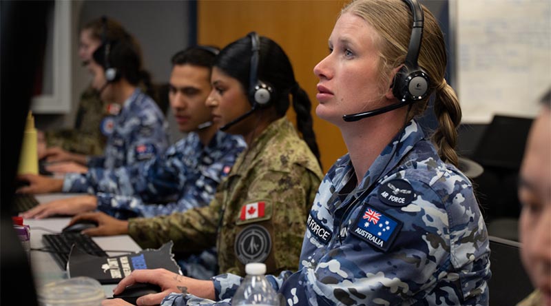 Royal Australian Air Force and Royal Canadian Air Force members participate in Virtual Flag: Coalition 26-1 at the 705th Combat Training Squadron, also known as the Distributed Mission Operations Center, at Kirtland Air Force Base, New Mexico.